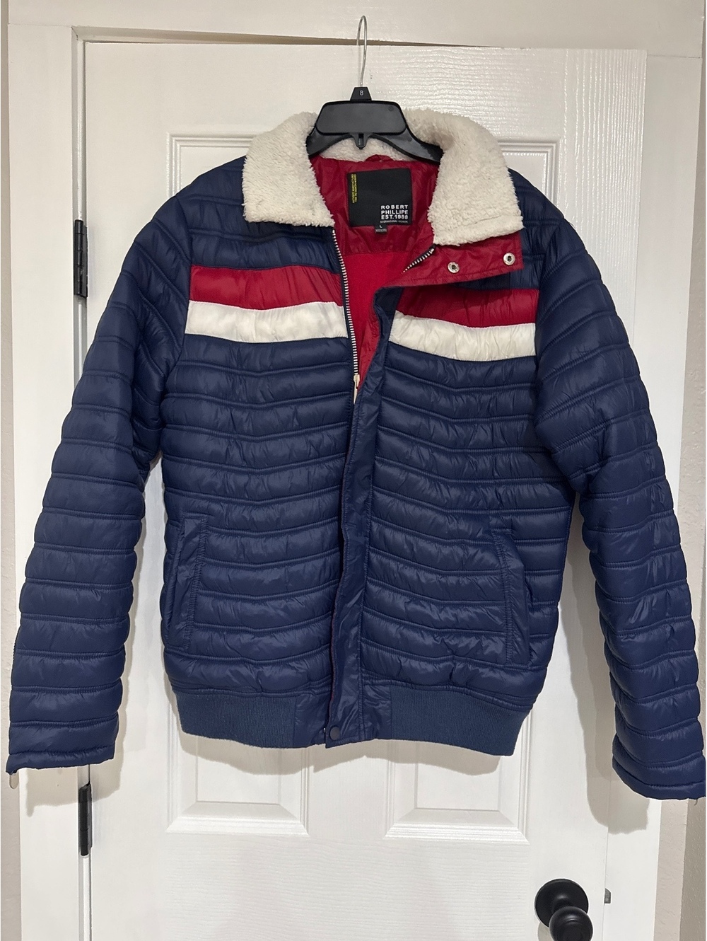 Robert Phillipe Men's Puffer Jacket with Sherpa Collar, Navy Blue with Red and